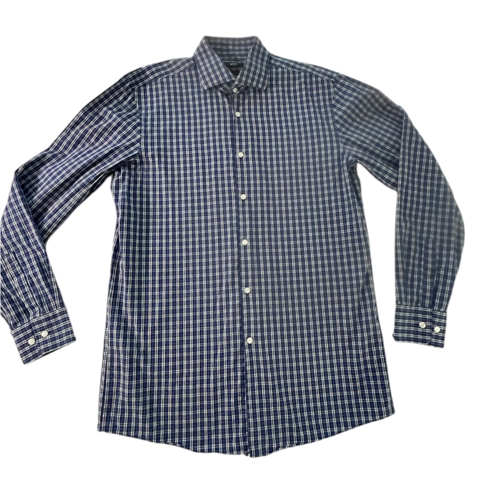 Boss Hugo Boss Men's Blue Plaid Checkered Shirt Sharp Fit Size 16.5